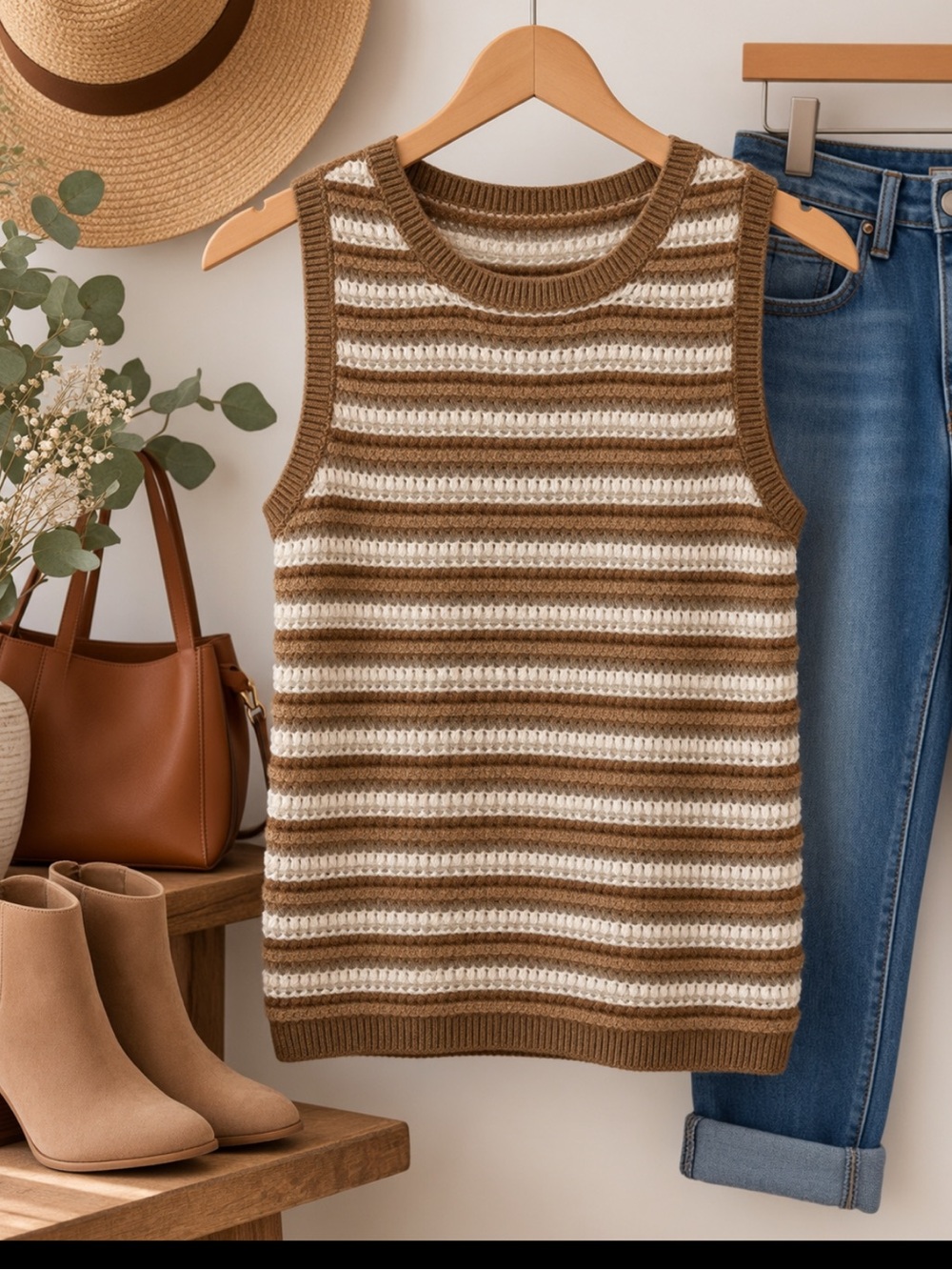 CeCe Brown & Ivory Striped Sleeveless Knit Sweater Top – Size Small